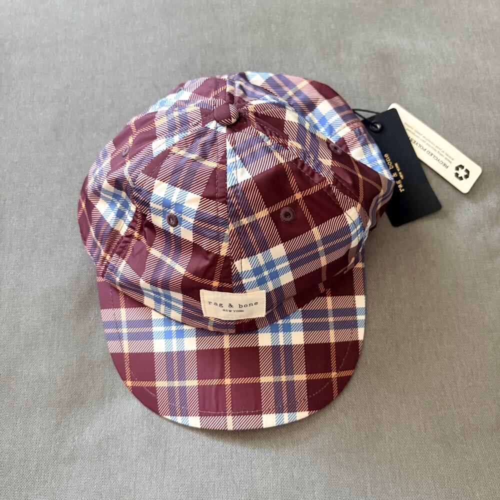 Rag & Bone Gundry Plaid Baseball Cap NWT Recycled Polyester Maroon Blue